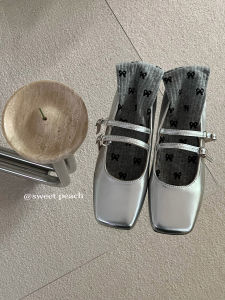 Silver Flat Bottom Square Head Single Shoes Womens Spring New French Elegance Mary Janes Sweet Peach Planet Fashionable Flats