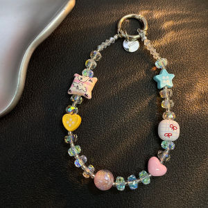 Sanrio | INS Cute Sanrio Hello Kitty Multicolor Beaded Phone Anti-lost Wrist Strap Handmade Pastel Bead Keychain Lanyard Bag Pendant Gift