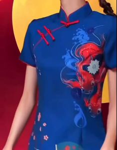 ชุดเดรสสั่น ชุดกี่เพ้าสำหรับผู้หญิง (Size S-2XL) สีน้ำเงินสวย เหมาะกับเทศกาลตรุษจีน ลายผู้หญิงจีนย้อนยุค