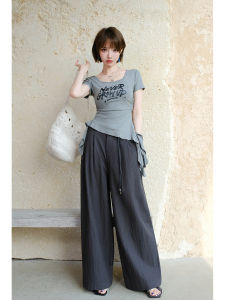 American Style Letter Graphic Fitted Waist Asymmetric Ruffle Hem Draped V-neck T-shirt