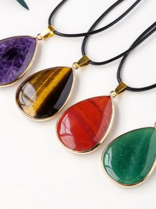 Natural Crystal Water Drop Pendant Gold-Plated Edge Crystal Agate Jade Water Drop-Shaped Sweater Chain Necklace Accessories