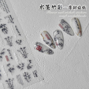 New Chinese Style Nail Art Stickers Black And White Bamboo Mountain Tea Rose Crystal Diamond Thin Flexible Nail Patch Flowers