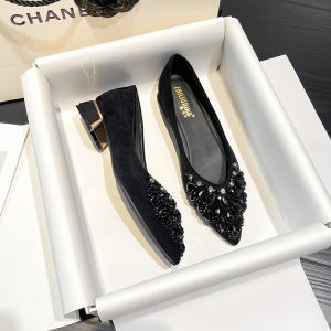 Elegant Chunky Heel Low Block Heel Water Diamond French Style Autumn Single Shoes Women Soft Bottom Comfortable Fashionable