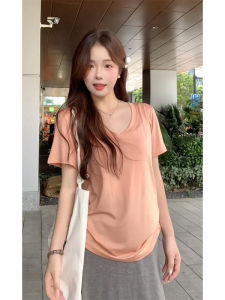 YUEZHONGWEI | Áo thun nữ tay ngắn cổ chữ V màu hồng mỏng mùa hè thiết kế rộng rãi thoải mái thường ngày bằng vải cotton pha trộn