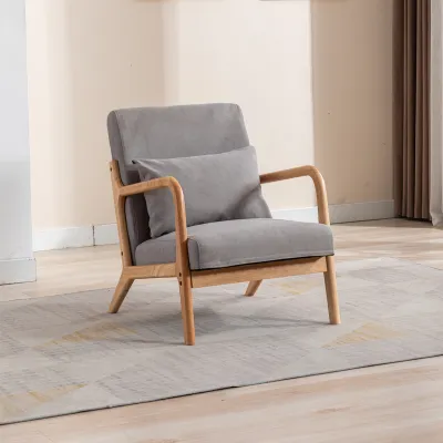 KIMDELIN Mid-Century Modern ChairAccent Chair with Lumbar PillowUpholstered ArmchairLinen Fabric Comfy Reading Chair Lounge Side Chair for Living Room Bedroom ApartmentEasy Assembly
