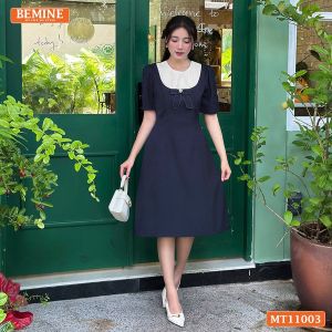 Đầm thiết kế BEMINE cổ tròn đính nơ dáng chữ A phù hợp đi làm-MT11003
