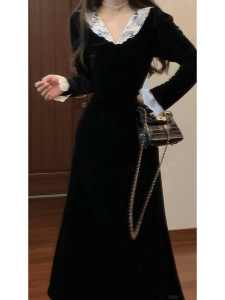 High Waist Velvet Long Dress French Style Lace Skirt Maxi Dress plus Size Womens Autumn Winter Tall Girls Dress