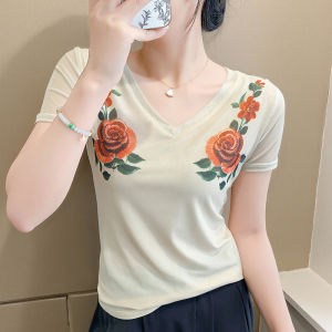 Yimei 2025 Áo Thun Cổ Chữ V in lưới Châu Âu Mới Mùa Hè co dãn Ngắn Tay Áo thun thanh lịch lớn