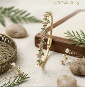 Gold Tone Flower Bangle Bracelet with Green Stone Adjustable Anti Tarnish Jewelry