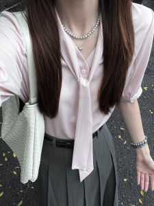 French Style Pink Sash Shirt Womens Summer New Loose Casual Personality Interview Commuting Professional Shirt Polyester Fiber