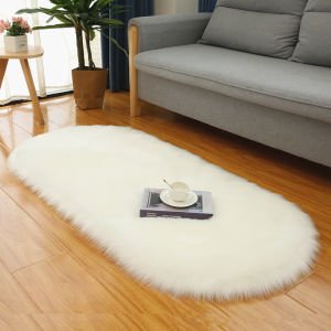 Luxurious Long Plush Carpet Oval Shaped Woolen Simulation Living Room Bedroom Floor Mat White Color Modern Simple Style Home Decor