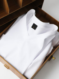 Summer Mens T-Shirt Silk Cotton Loose Short Sleeve V-Neck Breathable Cool Feeling Casual Pure Color Lekei 2023 New Arrival