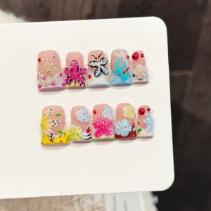 10pcs Handmade Fake Nails Duckbill Shaped Press On Nails Colorful Flash drill  French False Nails With 3D Carved Flower Designs