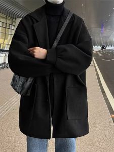 Thickened Woolen Mens Coat Casual Chic Long Winter Outerwear Youth Fashion British Style Single Button Closure Straight Hem