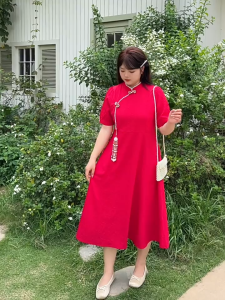 daidai (Ready Stock) XL-5XL Plus Size Red Cheongsam Qipao CNY Chinese New Year Dress Big Extra 改良旗袍裙大码女装新中式国风200斤胖mm