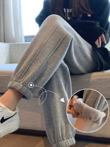 Womens Fleece Lined Sports Pants Loose Fit Casual Thickened Autumn Winter New Style High Waist Wide Leg Pants Pocket Detail