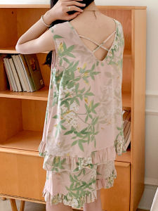 2024 ใหม่ ผ้าฝ้าย ผ้าไหม ชุดนอน ผู้หญิง ฤดูร้อน ประดิษฐ์ ผ้าฝ้าย แขนกุด หลวม กางเกงขาสั้น หวาน สไตล์เรโทร เสื้อผ้าบ้านจีน