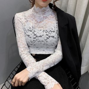 Elegant Women Turtle Neck Long Sleeve Floral Lace Blouse Top Slim Base T-shirt