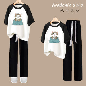 ชุดฤดูร้อนสำหรับสาวน้อยเสื้อผ้านักเรียนต้นอายุ13ปี14เสื้อยืดทรงหลวมสไตล์เพรพพี้15กางเกงขากว้างชุดสองชิ้น