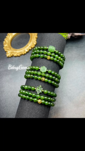 vòng tay nữ dáng chuỗi ngọc bích tự nhiên mix đồng điếu ngọc bích và charm cầu kim tiền vàng tây vòng tay đá phong thủy trang sức thiết kế đủ hóa đơn thẻ bảo hành