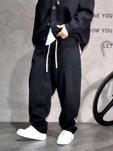 Black Knitted Thickened Fleece Sports Pants Mens Loose Straight Leg Trousers Youth Fashion Winter Casual Breathable Elastic
