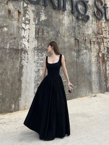 Teptdc Sweet Style High Waist Sling Sleeve Long Dress Cotton 100% for Summer Slimming Black White Unique Elite Feeling Dress