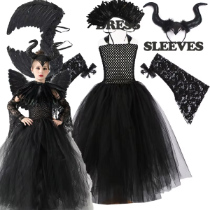 2024 New Maleficent Halloween Costume Maleficent Tulle Dress for Girls Cosplay Evil Queen Black Mesh Princess Dress Kids