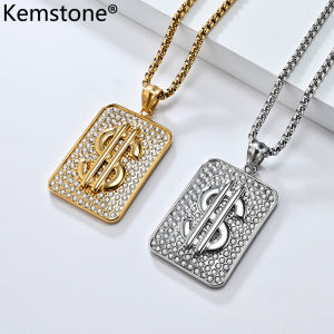 Kemstone Mens Hip Hop Dollar Stainless Steel 18K Gold Plated Square Pendant Necklace Jewelry