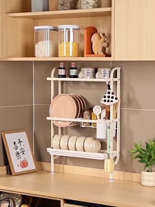 Wall Mounted Kitchen Storage Rack Dish Rack Organizers with Chopstick Holder 2/3 Layer Storage Rack Dish Drying Shelf No Drilling Easy to Install