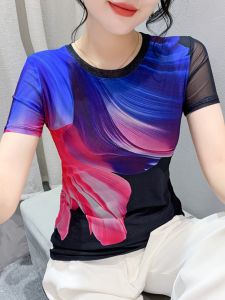 ทันสมัย พิมพ์น้ําแข็ง ผ้าไหม ตาข่าย สลิมฟิต เสื้อยืดแขนสั้น ผู้หญิง ฤดูร้อน สไตล์สตรีทเกือบครึ่งแขน เสื้อท่อนบน