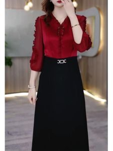 MAIMEI | Spring Autumn V-neck Seven-quarter Sleeve Dress Womens Luxury High-waisted A-line Midi Dress Polyester Fiber Commute Style