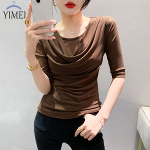 Yimei Áo Thun Cổ đong đưa ôm vừa áo lưới 2023 cổ tròn mùa hè Áo sơ mi mặc trong tay lỡ hợp thời trang nữ