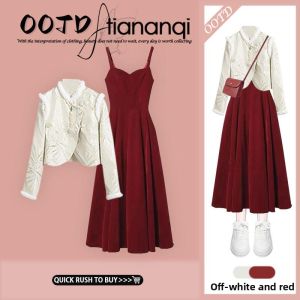 TIANANQI | Đầm Dây Màu Đỏ Phong Cách Trung Quốc Mới Thu Đông