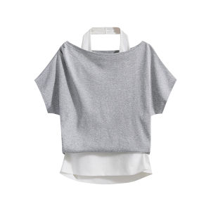 YUEZHONGWEI | Shoulder Bared Slim Fit Short Sleeve T Shirt Womens Summer New Style Color Block Design Casual Comfortable Breathable Top