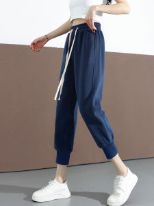 กางเกงวอร์มทรงสลิมฟิตเอวสูง 9 นิ้ว ผ้ากำมะหยี่ผสมโพลีเอสเตอร์ กางเกงขายาวทรงคาร์โคลสำหรับผู้หญิง ฤดูใบไม้ร่วง/ฤดูหนาว