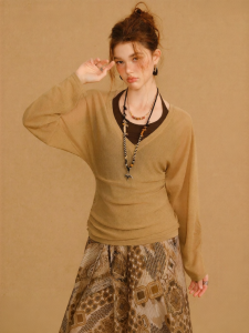 BANANA CICI | New Lantern Sleeve Tunic V-neck Tencel Flax Knit 1pcs