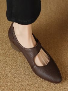 French Style Retro Wedge Granny Shoes Female 4cm Spring and Autumn New Arrival Leather Low-Cut round Toe Mid Heel Mary Jane Shoes