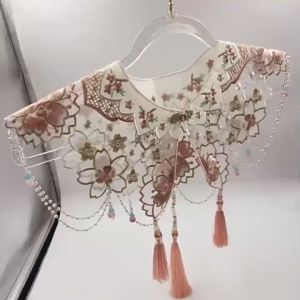 daidai (Ready Stock) Embroidered Flower Fake Collars Elegant Detachable Fringe Collar Cheongsam 粉色云肩马面裙刺绣流苏复古披肩国风汉服珍珠斗篷