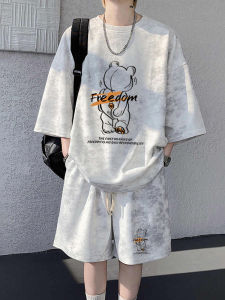 Summer Tie Dye Loose Casual Sport Shorts Set Mens Short Sleeve T-Shirt Five-Point Loose Shorts Polyester Fiber 100%