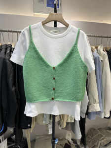 Shalldoer | Spring Solid Color V-Neck Single Button Knit Vest Short Innerwear