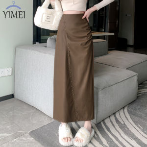 Váy chất liệu da PU cà phê yimei với váy ống thẳng chia không đều phiên bản Hàn Quốc váy xếp li nửa eo cao một bước mông quấn váy chiều dài trung bình