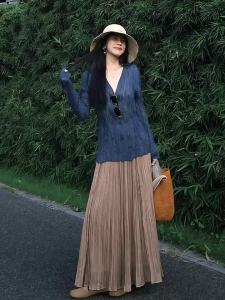 DANTING | Elegant Blue Long Sleeve Top Pleated Skirt Set 2026 Early Autumn New Slimming Sun Protection
