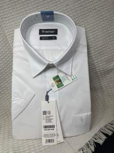 (1P0214) )Áo sơ mi nam trắng vân lai bầu. Form reguler(rông) có nút cổ