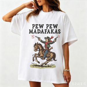 Sanrio | Retro Cowboy T-Shirt Pew Pew Madafakas Tshirt Funny Western Vintage Graphic Tee Cotton Short Sleeve Printed T Shirt Clothes