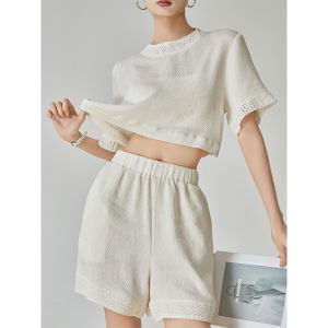 XIAODADEHUA | White Heavy Weave Patchwork Short Sleeve T-Shirt Set