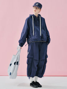 High Waist Cotton Work Trousers Straight Leg Nine Points Pants Loose Fit Diagonal Stripe Design Street Style Casual Pants