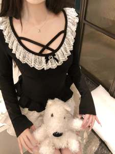 plus Size Womens Long Sleeve Lace Patchwork Butterfly Knot Slim Fit Base Shirt Korean Style Commute Pure Desire Hot Girl Style