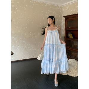 Summer French Tea Dress Blue Long Skirt