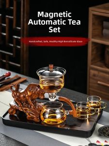 Automatic Glass Tea Set Combination Lazy Persons Home Use Gongfu Tea Cup Teapot Brewing Tool Roland 947g Heat Resistant Bamboo