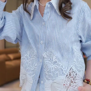 SHUAIYUE | French Lace And Embroidered Rhinestone Trim Blouse